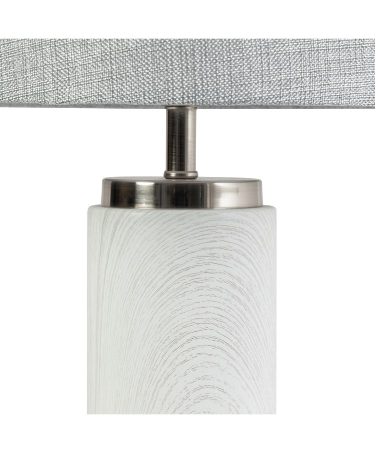 Cylinder Ash Grey Wood Print/Silver Table Lamp with Grey Linen Shade Cylinder Ash Grey Wood Print/Silver Table Lamp with Grey Linen Shade