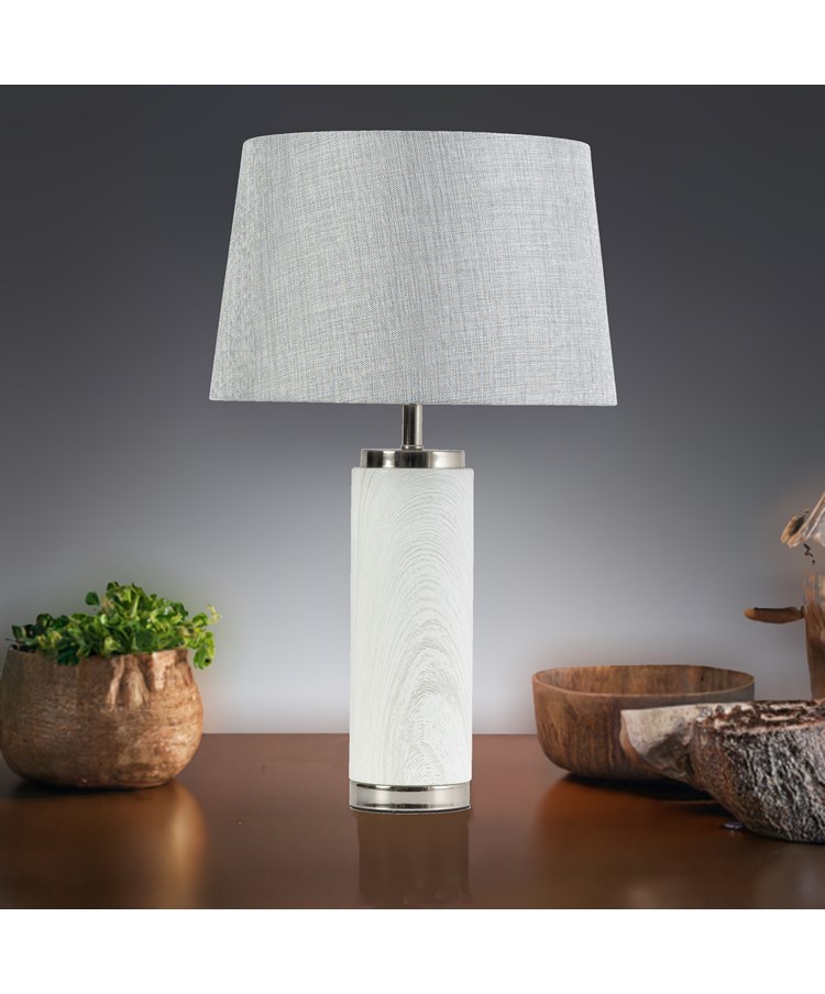 Cylinder Ash Grey Wood Print/Silver Table Lamp with Ivory Pleat Shade Cylinder Ash Grey Wood Print/Silver Table Lamp with Ivory Pleat Shade