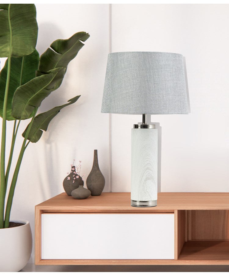 Cylinder Ash Grey Wood Print/Silver Table Lamp with Ivory Pleat Shade Cylinder Ash Grey Wood Print/Silver Table Lamp with Ivory Pleat Shade