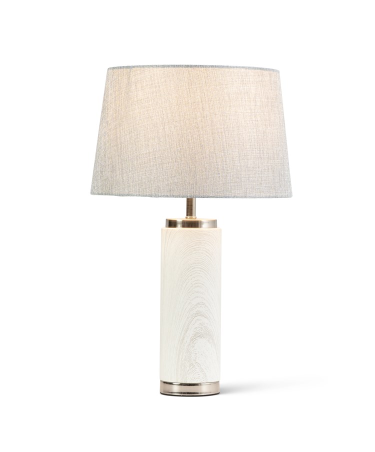 Cylinder Ash Grey Wood Print/Silver Table Lamp with Grey Linen Shade Cylinder Ash Grey Wood Print/Silver Table Lamp with Grey Linen Shade