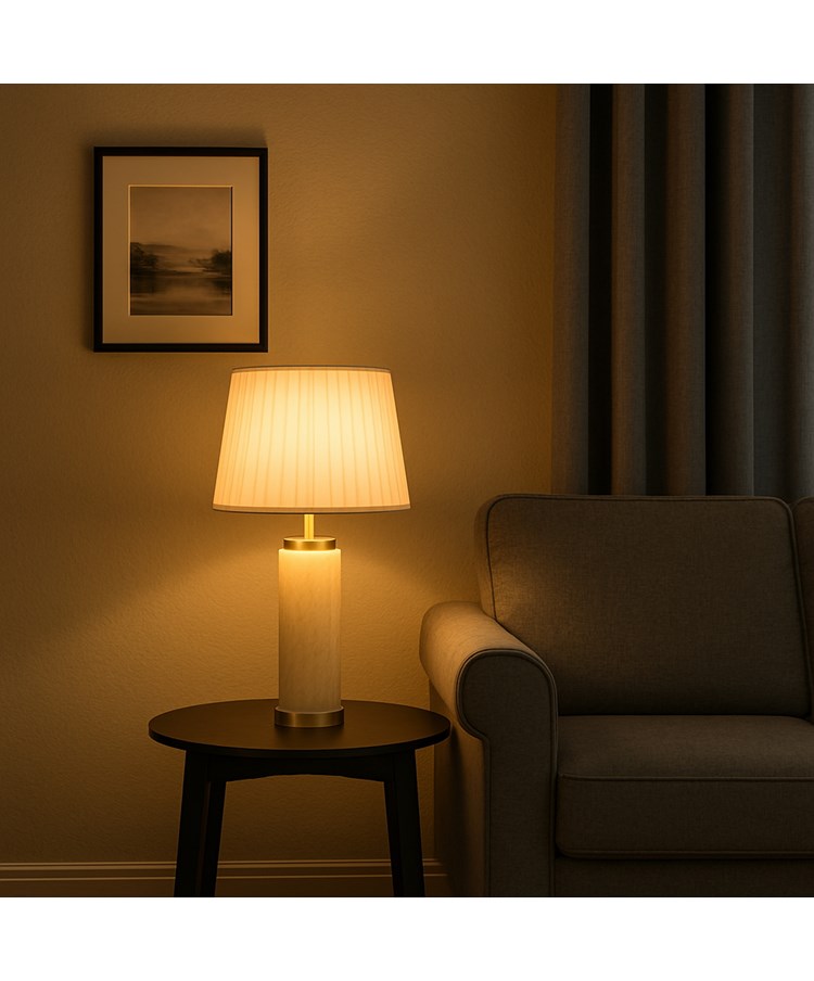 Cylinder Ash Grey Wood Print/Silver Table Lamp with Ivory Pleat Shade Cylinder Ash Grey Wood Print/Silver Table Lamp with Ivory Pleat Shade