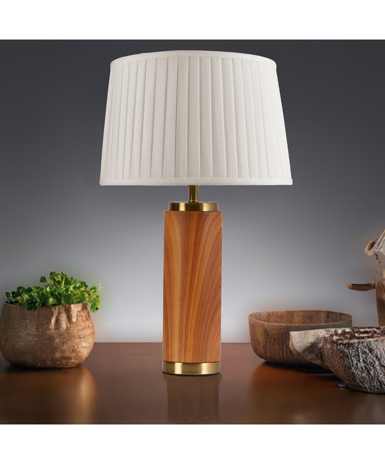 Cylinder Wood Effect Print/Gold Table Lamp with Cream Pleat Shade