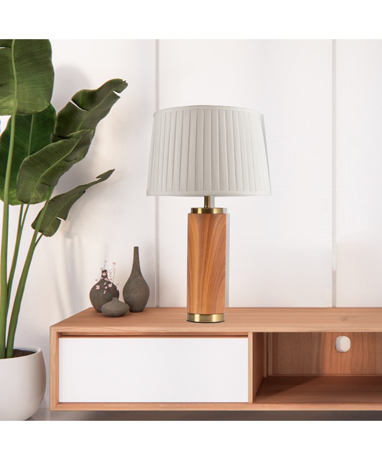 Cylinder Wood Effect Print/Gold Table Lamp with Cream Pleat Shade