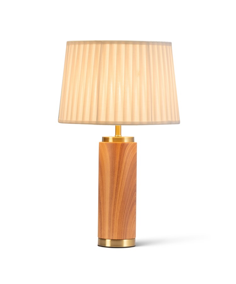 Cylinder Wood Effect Print/Gold Table Lamp with Cream Pleat Shade