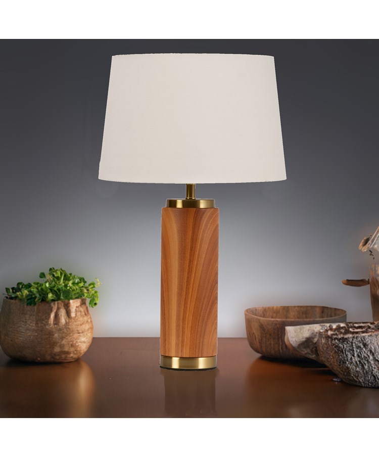 Cylinder Wood Effect Print/Gold Table Lamp with Ivory Gold Lined Shade Cylinder Wood Effect Print/Gold Table Lamp with Ivory Gold Lined Shade