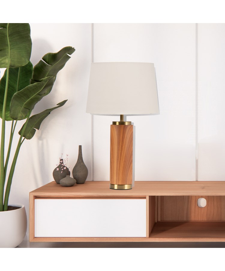 Cylinder Wood Effect Print/Gold Table Lamp with Ivory Gold Lined Shade