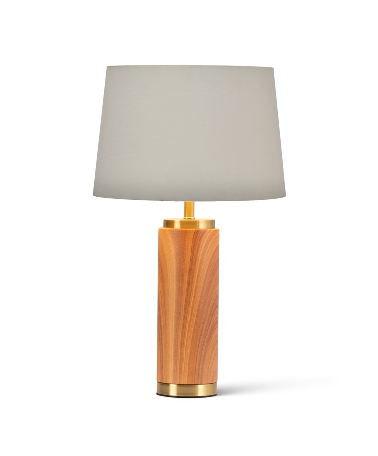 Cylinder Wood Effect Print/Gold Table Lamp with Ivory Gold Lined Shade