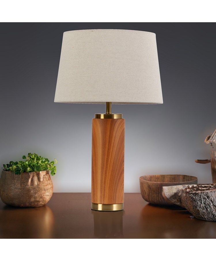 Cylinder Ash Grey Wood Print/Gold Table Lamp with Natural Linen Shade Cylinder Ash Grey Wood Print/Gold Table Lamp with Natural Linen Shade