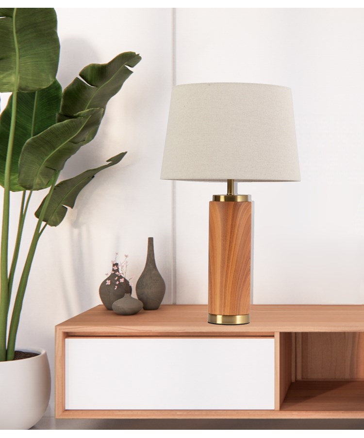 Cylinder Ash Grey Wood Print/Gold Table Lamp with Natural Linen Shade Cylinder Ash Grey Wood Print/Gold Table Lamp with Natural Linen Shade