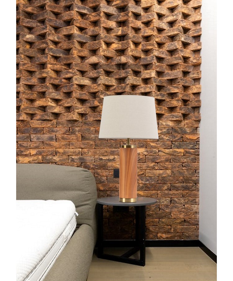 Cylinder Ash Grey Wood Print/Gold Table Lamp with Natural Linen Shade