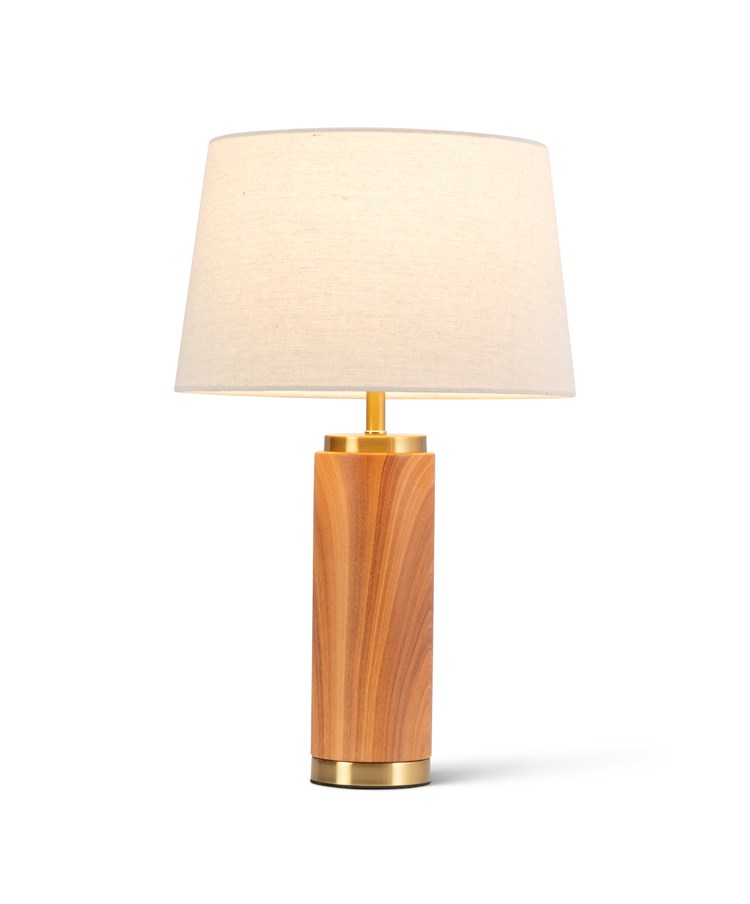 Cylinder Ash Grey Wood Print/Gold Table Lamp with Natural Linen Shade Cylinder Ash Grey Wood Print/Gold Table Lamp with Natural Linen Shade