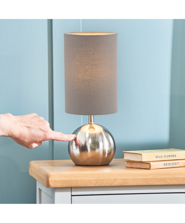 Small Silver Brush Metal Touch Table Lamp with Grey Shade