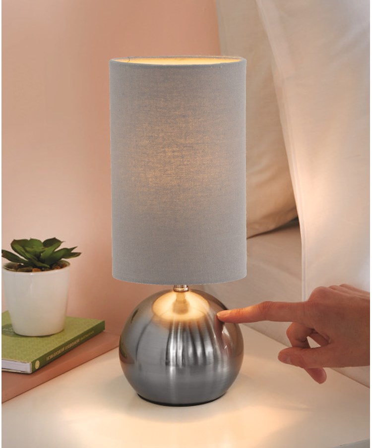 Small Silver Brush Metal Touch Table Lamp with Grey Shade