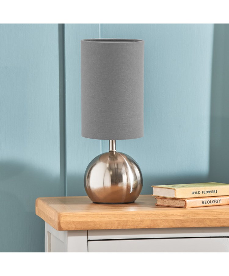 Small Silver Brush Metal Touch Table Lamp with Grey Shade Small Silver Brush Metal Touch Table Lamp with Grey Shade