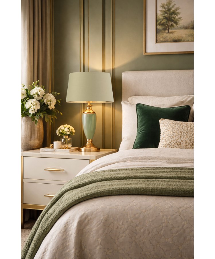 Bailey Large Sage Green Table Lamp with Green/Gold Lined Shade Bailey Large Sage Green Table Lamp with Green/Gold Lined Shade