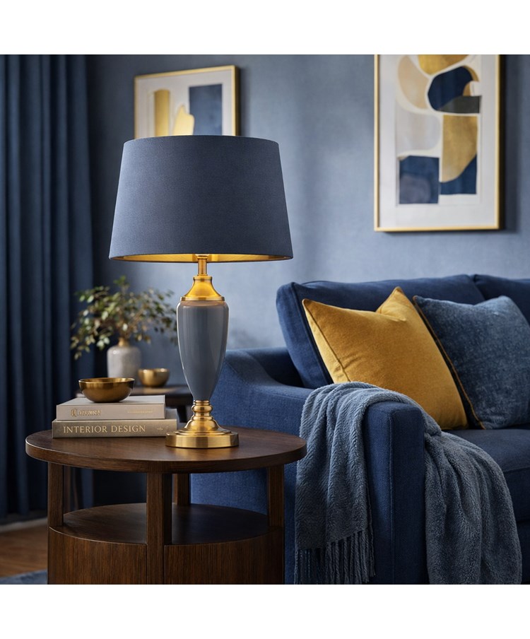 Bailey Large Juniper Blue Table Lamp with Blue/Gold Lined Shade Bailey Large Juniper Blue Table Lamp with Blue/Gold Lined Shade