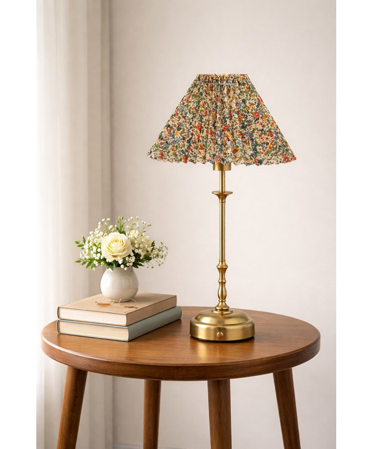 Florence Rechargeable Antique Table Lamp with Floral Pleated Coolie Florence Rechargeable Antique Table Lamp with Floral Pleated Coolie