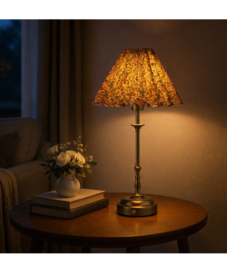 Florence Rechargeable Antique Table Lamp with Floral Pleated Coolie