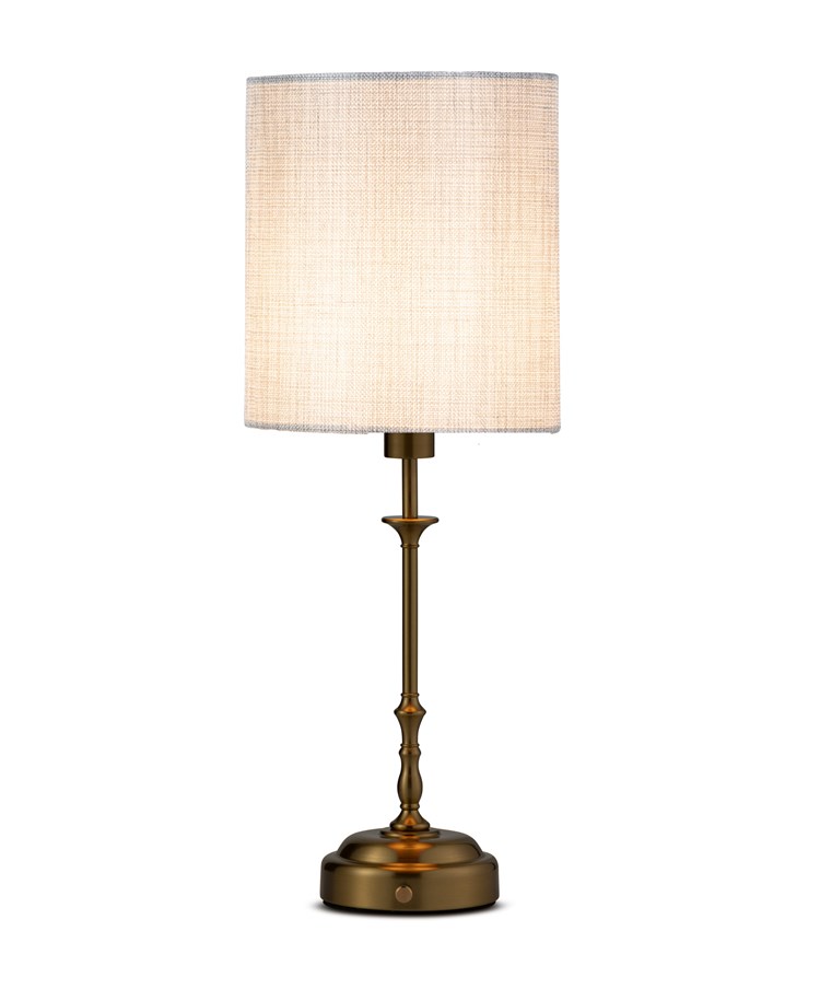 Florence Rechargeable Antique Brass Table Lamp with Grey Linen Shade Florence Rechargeable Antique Brass Table Lamp with Grey Linen Shade