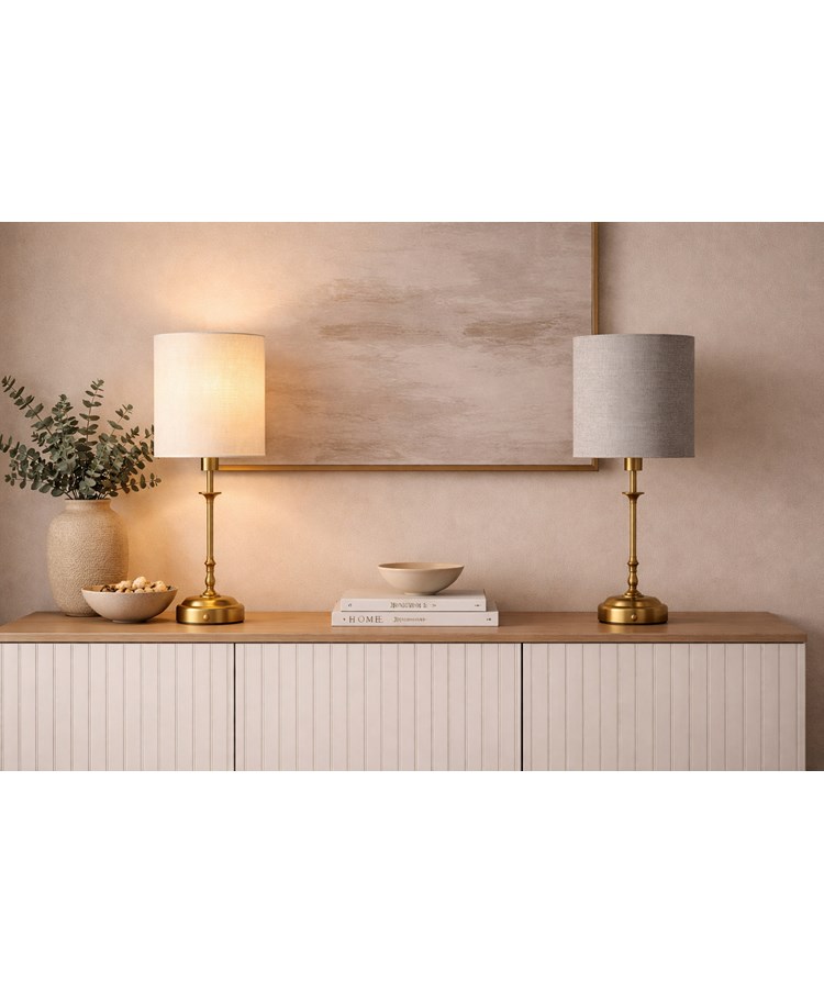 Florence Rechargeable Antique Brass Table Lamp with Grey Linen Shade