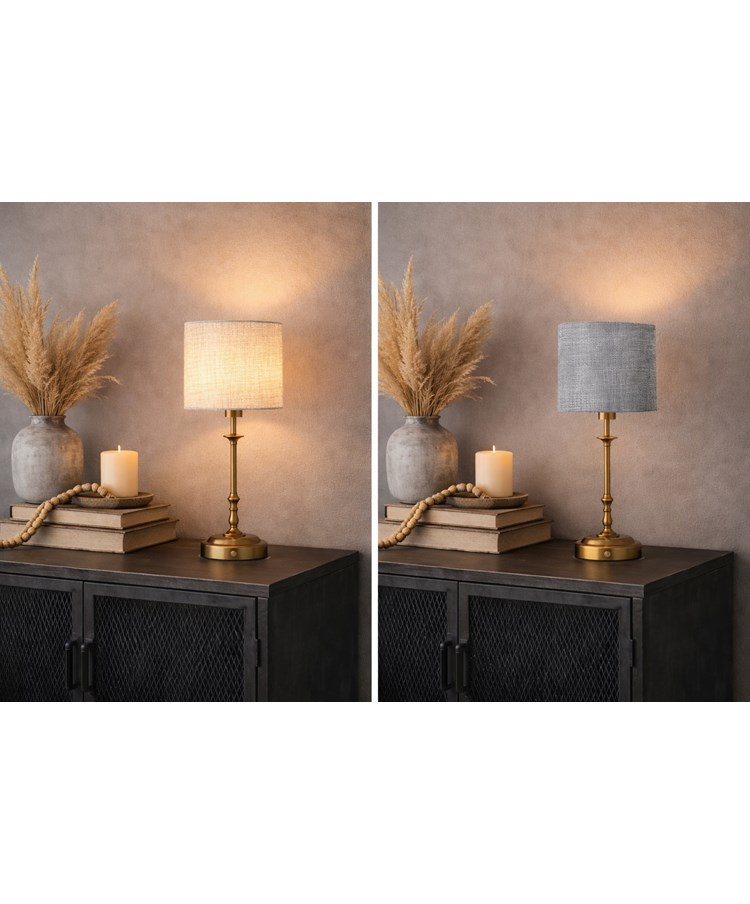 Florence Rechargeable Antique Brass Table Lamp with Grey Linen Shade