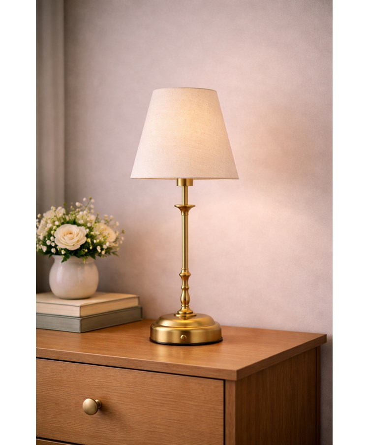 Florence Rechargeable Antique Brass Table Lamp with Natural Linen Shade