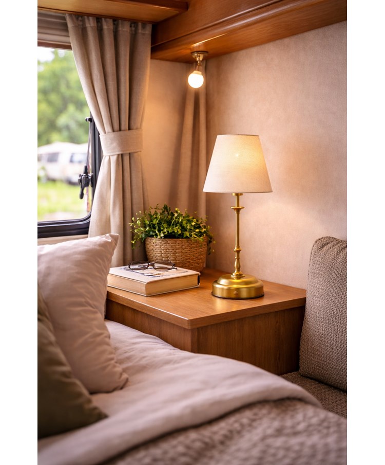 Florence Rechargeable Antique Brass Table Lamp with Natural Linen Shade