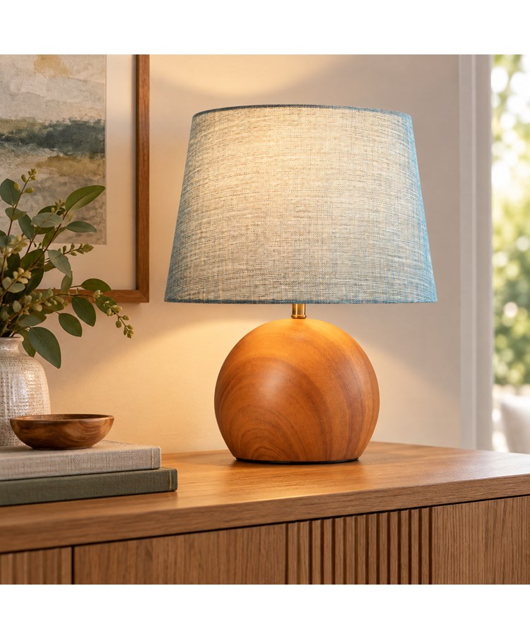 Canon Ball Walnut Print Table Lamp with Blue Gold Shade Canon Ball Walnut Print Table Lamp with Blue Gold Shade
