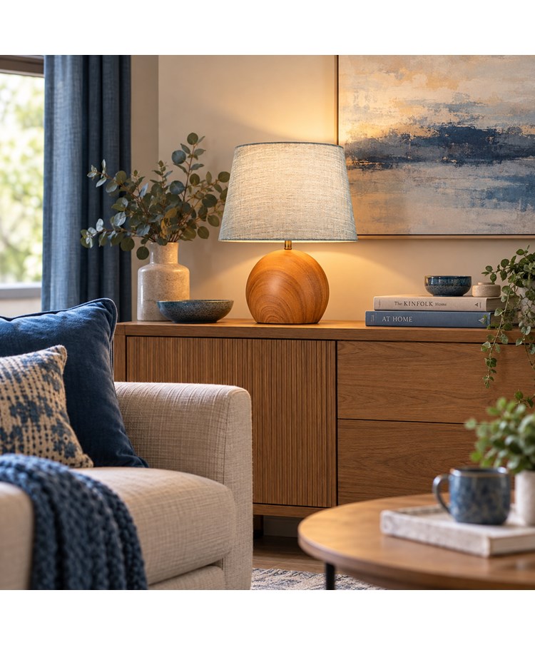 Canon Ball Walnut Print Table Lamp with Blue Gold Shade Canon Ball Walnut Print Table Lamp with Blue Gold Shade