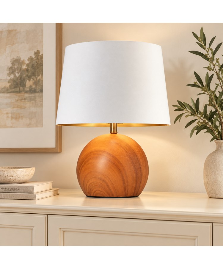 Canon Ball Walnut Print Table Lamp with Cream Gold Lined Shade Canon Ball Walnut Print Table Lamp with Cream Gold Lined Shade
