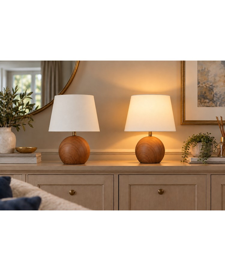 Canon Ball Walnut Print Table Lamp with Ivory Linen Shade