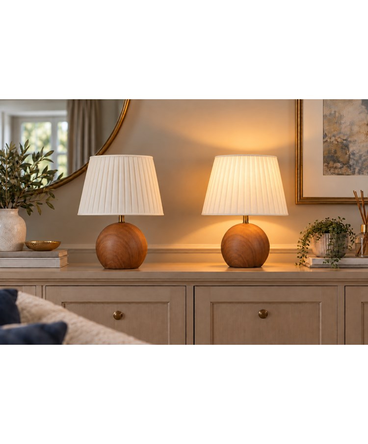 Canon Ball Walnut Print Table Lamp with Pleated Shade