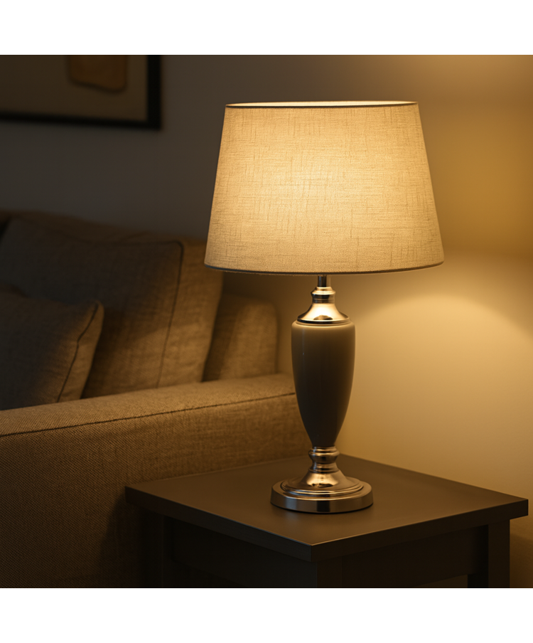 Malham Large Classic Ceramic Table Lamp with Shade - Grey and Satin Silver Malham Large Classic Ceramic Table Lamp with Shade - Grey and Satin Silver