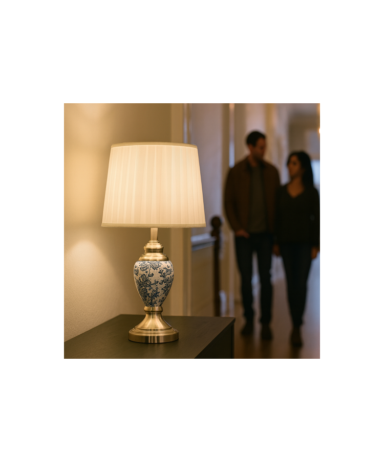 Malham Small Table Lamp with Matching Shade - Modern White, Blue, Silver Malham Small Table Lamp with Matching Shade - Modern White, Blue, Silver