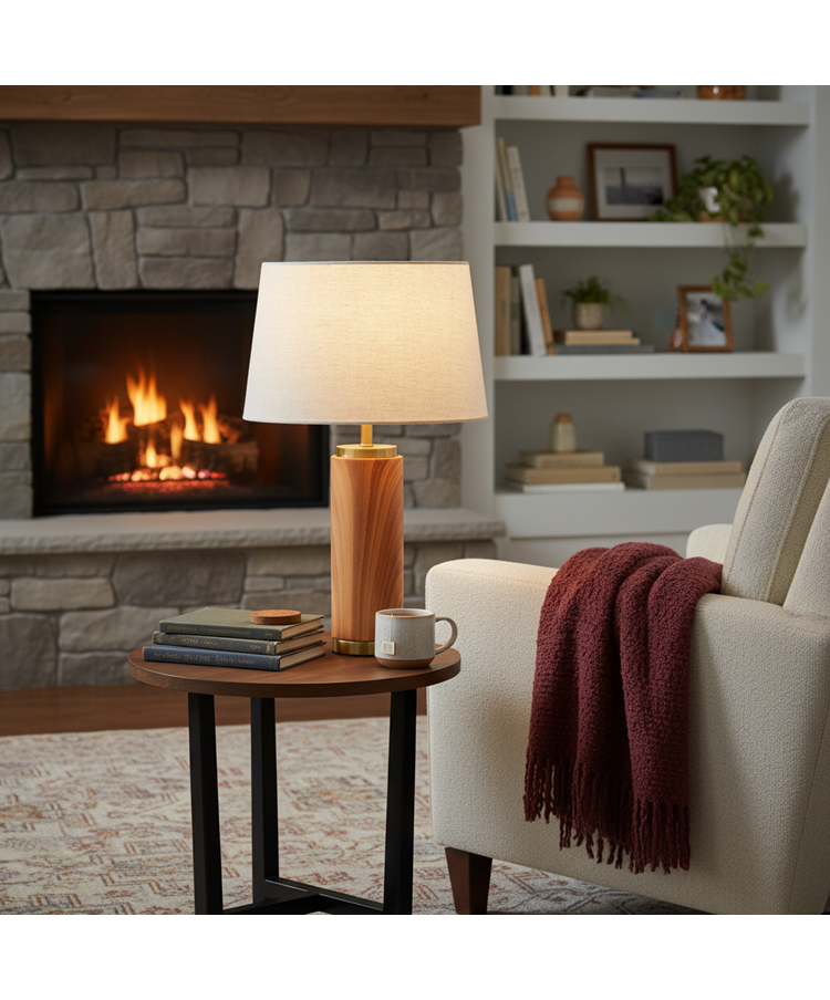 Cylinder Ash Grey Wood Print/Gold Table Lamp with Natural Linen Shade Cylinder Ash Grey Wood Print/Gold Table Lamp with Natural Linen Shade