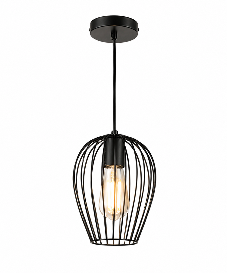 Newtown Black Single Caged Pendle Light - Modern Industrial Light