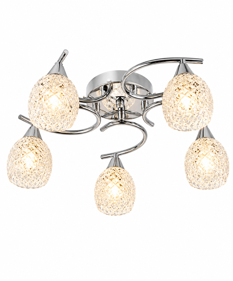 Hendon Semi Flush Silver Chrome 5 Light Ceiling Light with Crystal Glass Shades