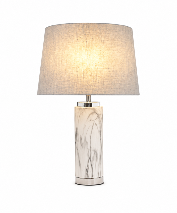 Cylinder Grey Marble Effect Table Lamp with Grey Linen Shade