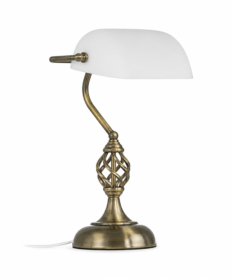 Kingswood Barley Twist Traditional Bankers Lamp - Opal Glass Shade