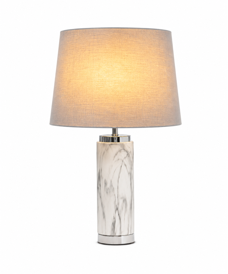 Cylinder Grey Marble Effect Table Lamp with Grey Silver Lined Shade