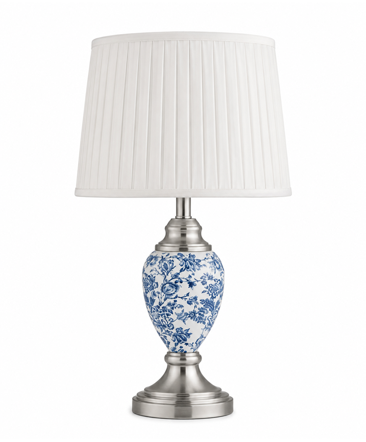 Malham Small Table Lamp with Matching Shade - Modern White, Blue, Silver