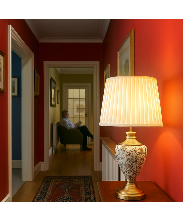 Hepburn Large Ceramic Table Lamp with Cream Gold Shade - Gold Print & Brass Hepburn Large Ceramic Table Lamp with Cream Gold Shade - Gold Print & Brass