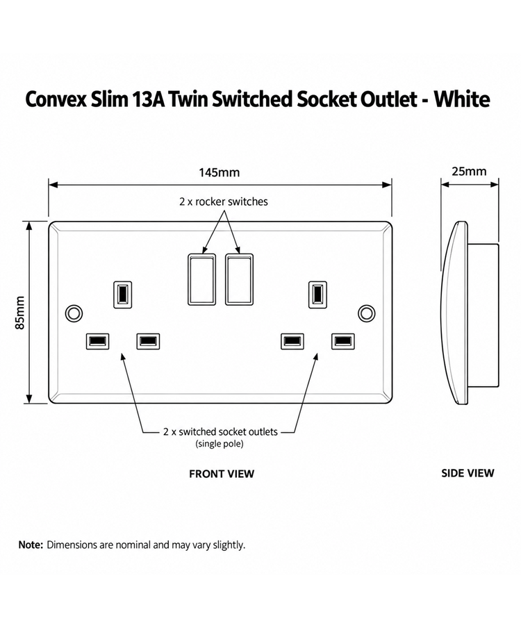 Convex Slim White 13A Twin Switched Socket - Single Pole Convex Slim White 13A Twin Switched Socket - Single Pole