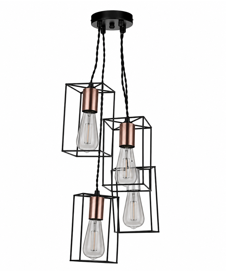 Riva Cluster Ceiling Pendant Light - Black & Copper Cascading 4-Light Design Riva Cluster Ceiling Pendant Light - Black & Copper Cascading 4-Light Design