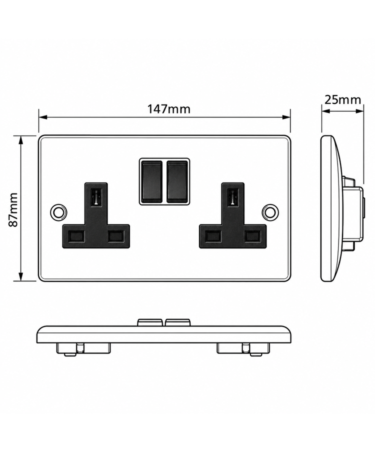 Round Edge Brushed Steel 13A 2G DP Switched Socket - Black Insert