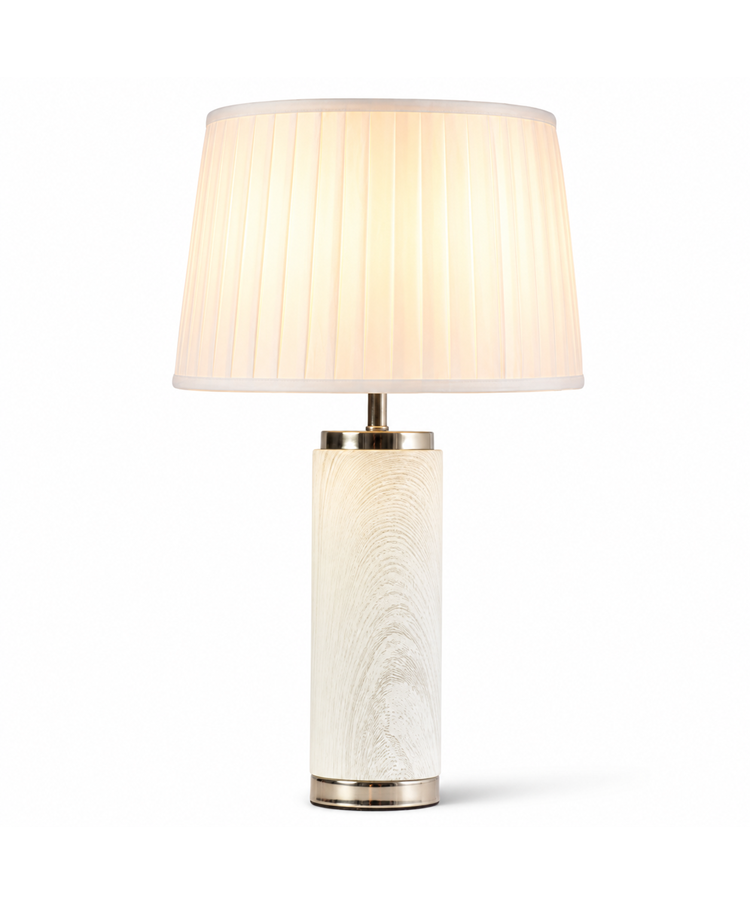 Cylinder Ash Grey Wood Print/Silver Table Lamp with Ivory Pleat Shade Cylinder Ash Grey Wood Print/Silver Table Lamp with Ivory Pleat Shade