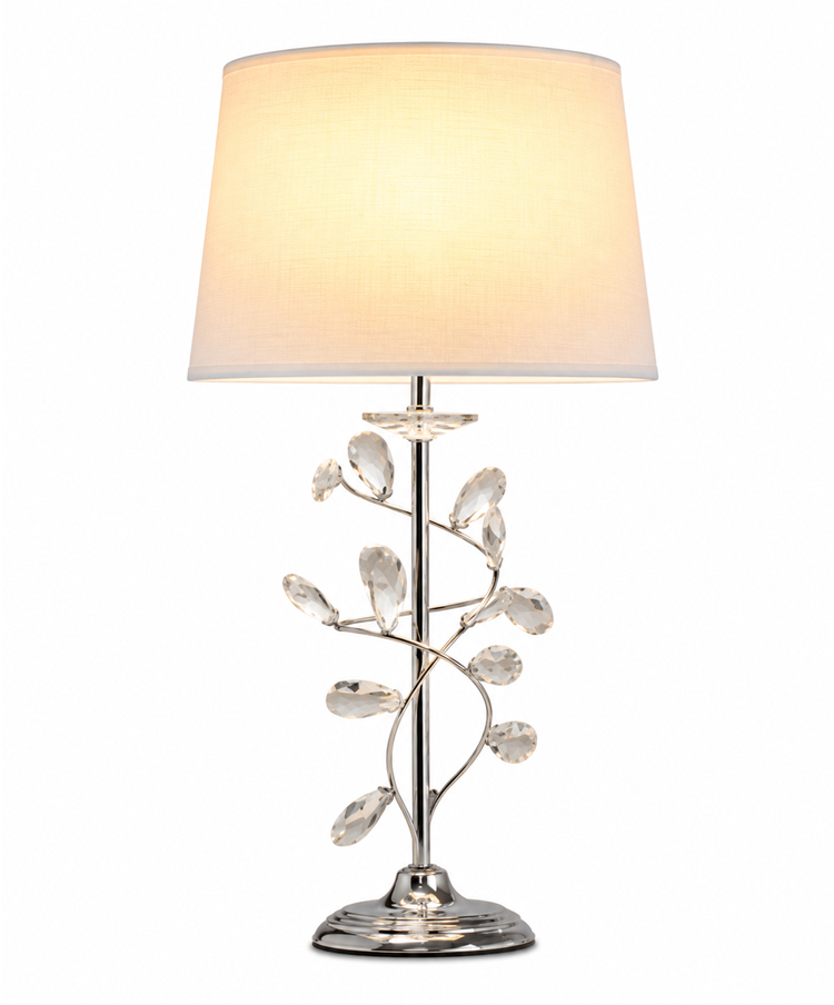 Crystal Glass Leaf Design Modern Chrome Table Lamp with Ivory Linen Shade Crystal Glass Leaf Design Modern Chrome Table Lamp with Ivory Linen Shade