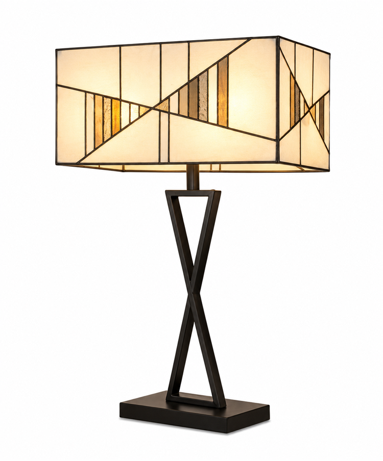 Art Deco Tiffany Style Rectangular Glass Table Lamp - Ivory - Grey - Modern
