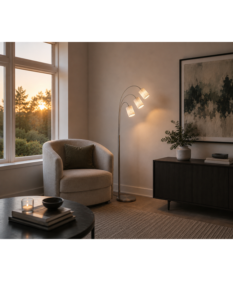 3 Head Arc Adjustable Floor Lamp with Grey Linen Shades Modern Design 3 Head Arc Adjustable Floor Lamp with Grey Linen Shades Modern Design
