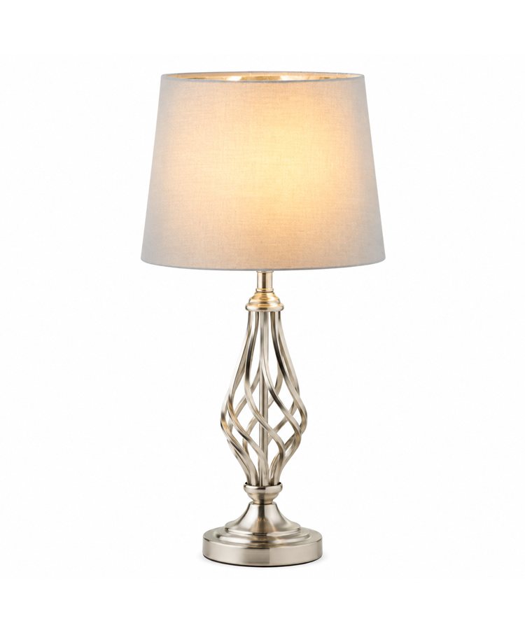 Queenswood Classic Barley Twist Table Lamp with Grey Silver Lined Shade - Silver